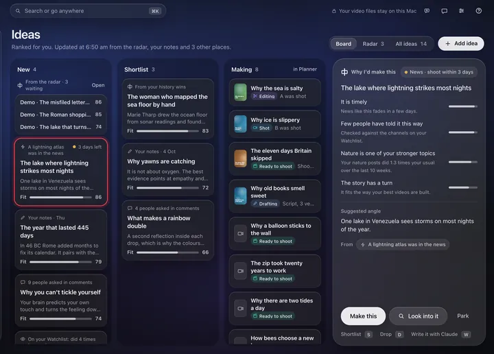 Redline's Ideas board with a card open